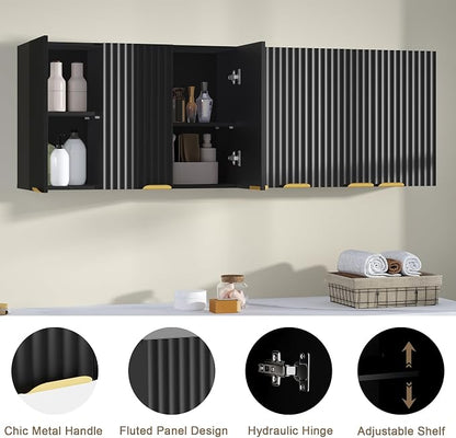 ChooChoo Bathroom Wall Cabinet, Laundry Room Cabinet with 3 Fluted Doors | Kitchen Storage Cupboard Cabinet with Adjustable Shelf, Fluted Wall-Mounted Medicine Cabinet for Kitchen, Garage, Black