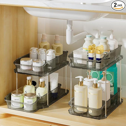 Delamu 2-Tier Under Sink Organizers and Storage, Multi-Purpose Stackable Bathroom Cabinet organizers, Pull Out Kitchen Pantry Organization and Storage with Dividers(2 Pack, Grey)