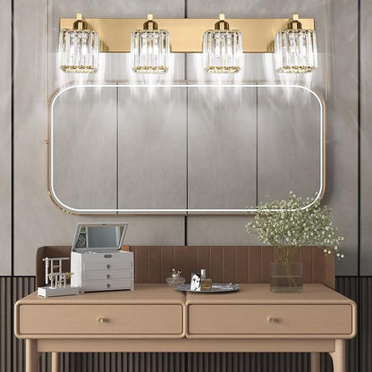 Aipsun Bathroom Lighting Fixtures Modern Crystal Vanity Light Brass 4 Light Bathroom Vanity Light (Exclude Bulb)