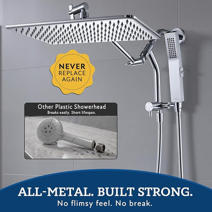 G-Promise 14 Inch All Metal Rain Shower Head with Handheld Spray (Chrome) | Full Body Coverage, Pause Mode Diverter, Power Wash Mode Handheld, Suits Every Height, Easy to Install, Modern Bath Upgrade