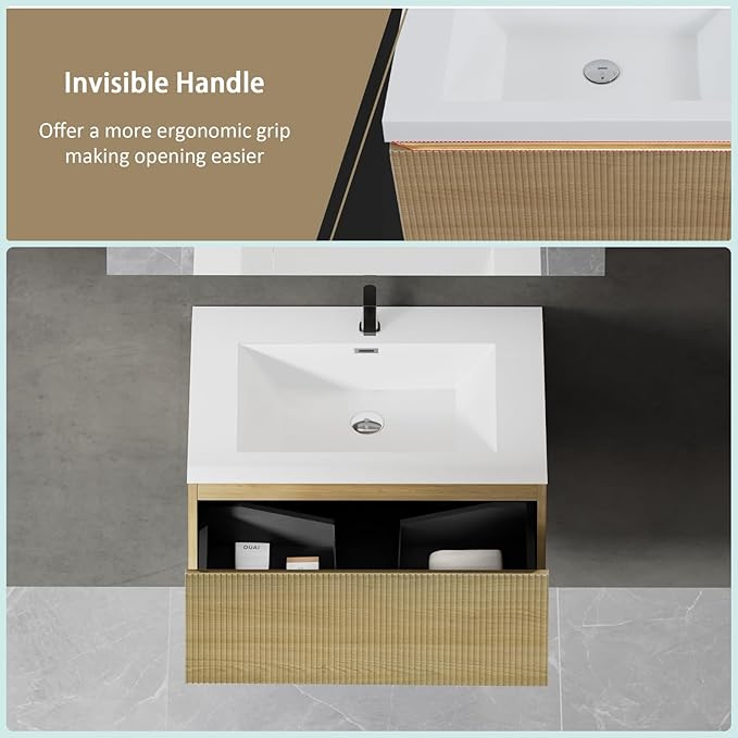 Wall Mounted Bathroom Sink Vanity, Modern 30" Floating Vanity with Resin Top Basin Sink and U-Shaped Soft-Close Storage Drawer, Striped Bathroom Storage Cabinet with Invisible Handle, Wood