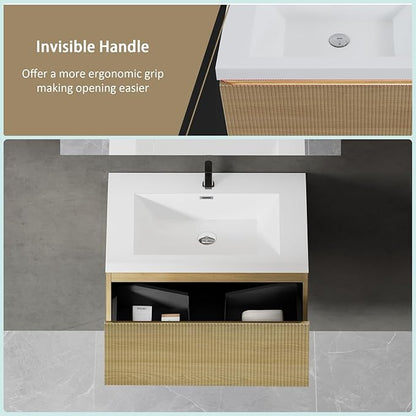 Wall Mounted Bathroom Sink Vanity, Modern 30" Floating Vanity with Resin Top Basin Sink and U-Shaped Soft-Close Storage Drawer, Striped Bathroom Storage Cabinet with Invisible Handle, Wood