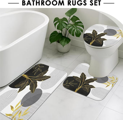 Bathroom Sets with Shower Curtain and Rugs, 4 Pcs, Boho Mid | Century Abstract Leaves Minimalist Bathroom Decor Set with Toilet Lid Cover, Non-Slip Bath Mats and Accessories 12 Hooks