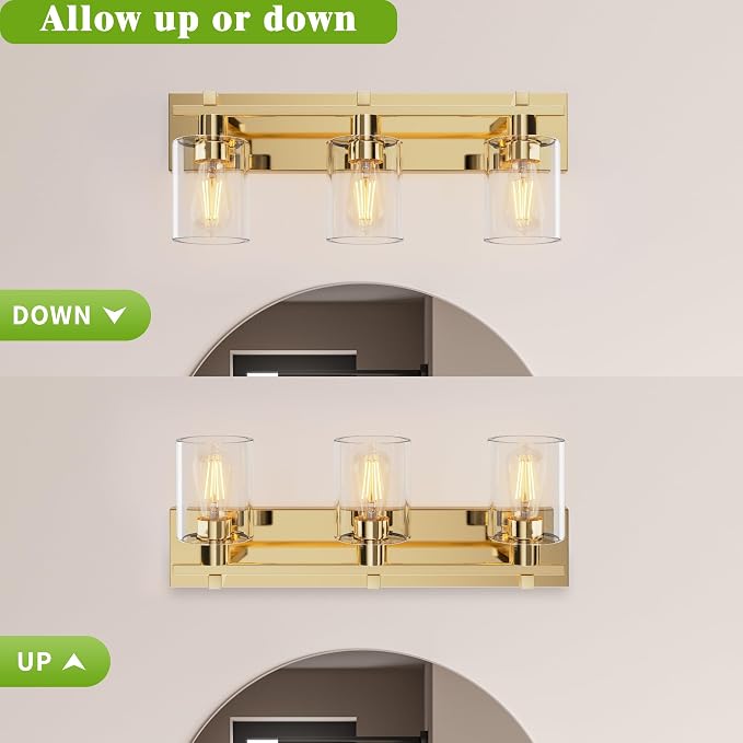 3-Light 21inch Brushed Gold Vanity Light, Thickened Clear Glass | Over Mirror for Bathroom, Rust Resistant, E26 Base, Easy Install, Removable Glass Shade Horizontal Mount, Dimmable