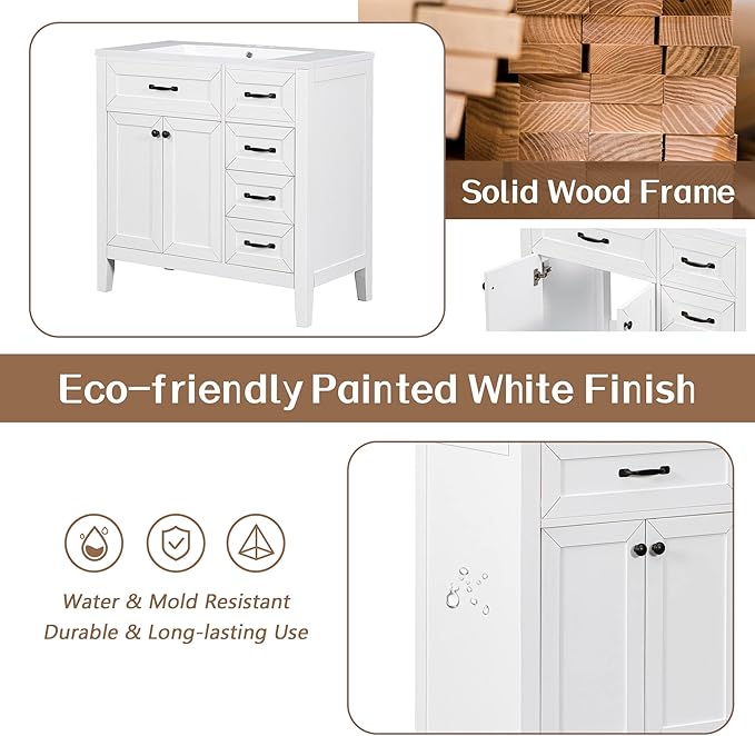 36 Inch Bathroom Vanity Without Sink, Base Only, Storage Cabinet with Doors and Drawers, White