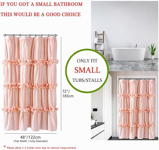 Homechoice Decor Peach Pink Ruffle Shower Curtain, Vintage Handcrafted Bow Tie Bath Curtain for Master Bathroom, Ruched Microfiber Bathroom Curtain with 8 Buttonholes, 48" W x 72" H (LQ-10)