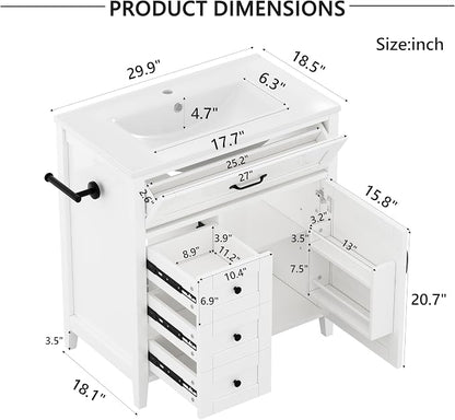Bellemave 30" Bathroom Vanity with Sink, Bathroom vanities, White Bathroom Vanity with Drawers, Sink Cabinet, White 30"