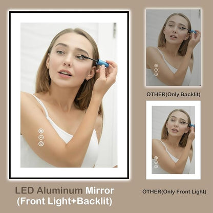 40x30 Inch LED Bathroom Mirror with Black Frame | Black Metal Frame, Front and Backlit, 3 Colors, Dimmable, Memory, Anti Fog, Tempered Glass, Lighted Mirror for Wall