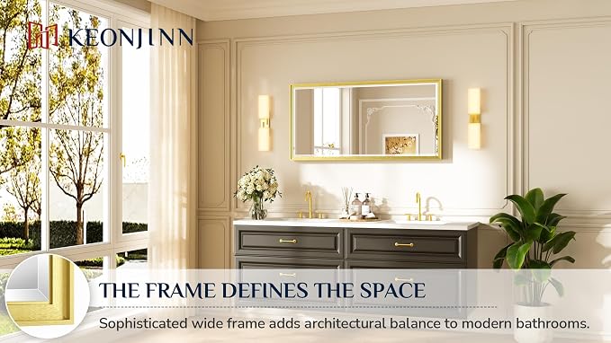 Keonjinn 48" x 24" Brushed Gold Framed Mirror for Bathroom, Tempered Glass | Aluminum Alloy, Effortless French Cleat Installation, Vertical/Horizontal, Rectangle Wall Mirror for Vanity, Hallway Decor