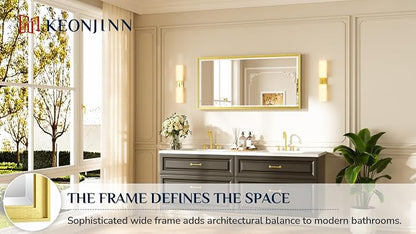 Keonjinn 48" x 24" Brushed Gold Framed Mirror for Bathroom, Tempered Glass | Aluminum Alloy, Effortless French Cleat Installation, Vertical/Horizontal, Rectangle Wall Mirror for Vanity, Hallway Decor