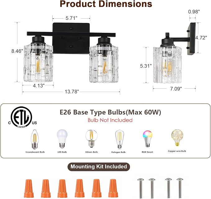 Refice 2-Light Bathroom Vanity Lights Crystal Glass, Black | Bathroom Light Fixtures Vanity Lighting Over Mirror for Living Room Farmhouse, Hallway