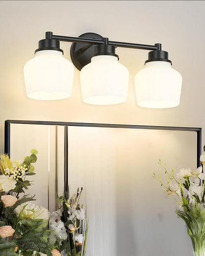 Emak Modern Black Bathroom Lighting Fixtures Over Mirror, Farmhouse 3-Light Vanity Lights with Milk Glass Shade for Bathroom, Mirror, VL122-BK-ML-3