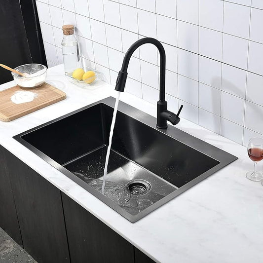 KINGO HOME 30 Inch Black Drop in Kitchen Sink, 30x18 Inch Gunmetal Black Single Bowl Stainless Steel Basin Topmount Kitchen Sink, 16 Gauge Metal Sink with Strainer