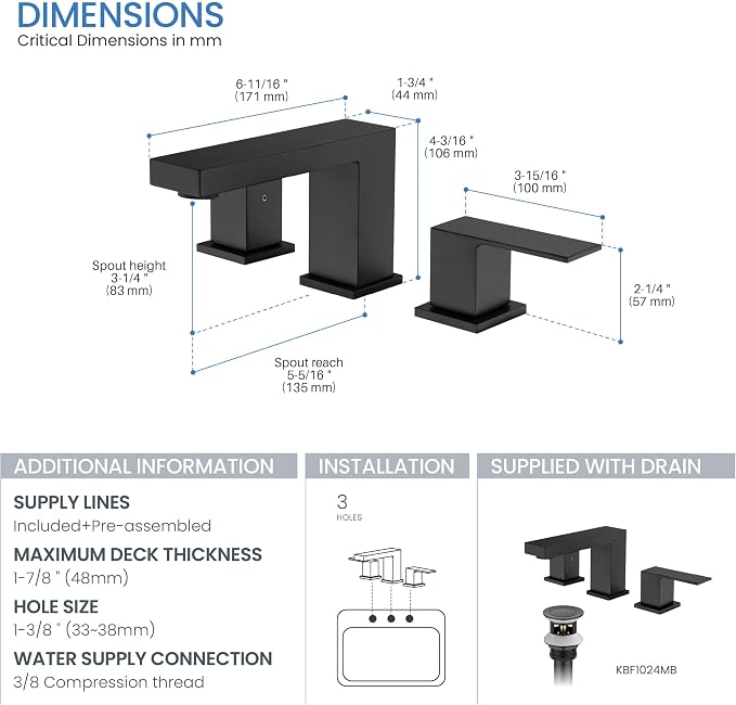 2-Handle Cube Bathroom Sink Faucet with Drain Assembly | 3-Hole Installation, Solid Brass Construction | 8-Inch Wide Spread Lavatory Faucet | Matte Black, KBF1024