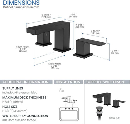 2-Handle Cube Bathroom Sink Faucet with Drain Assembly | 3-Hole Installation, Solid Brass Construction | 8-Inch Wide Spread Lavatory Faucet | Matte Black, KBF1024