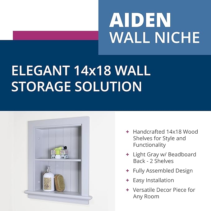 Fox Hollow Furnishings 14x18 Aiden Recessed Wall Niche Medicine Cabinet Replacement, in The Wall Bathroom Cabinet Insert Shelf/Shelves, Made in North America, Real Wood, NO MDF, Beadboard, Light Gray