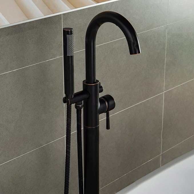 WOODBRIDGE Contemporary Single Handle Floor Mount Freestanding Tub Filler Faucet with Hand shower in Oil Rubbed Bronze Finish, F0010ORBRD