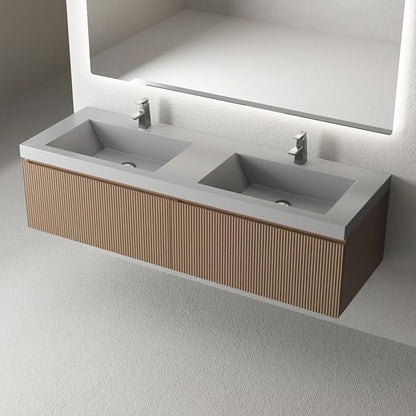 60 Inch Floating Bathroom Vanity with Double Sinks, Wall-Mounted Striped Storage Cabinet with Soft-Close Drawer, Glossy White Solid Surface Basin, Fully Assembled, Natural Oak Finish