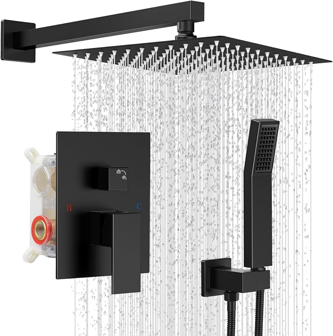10" Square Rain Shower Faucet Set, Wall Mount, Matte Black | 304 SS , air tech boosts pressure 50%, dual spray, anti-fingerprint