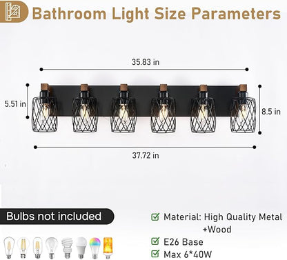 6-Light Farmhouse Vanity Light Fixtures Over Mirror, Black with Cage Metal Shade, Vintage Rustic for Bathroom, Hallway