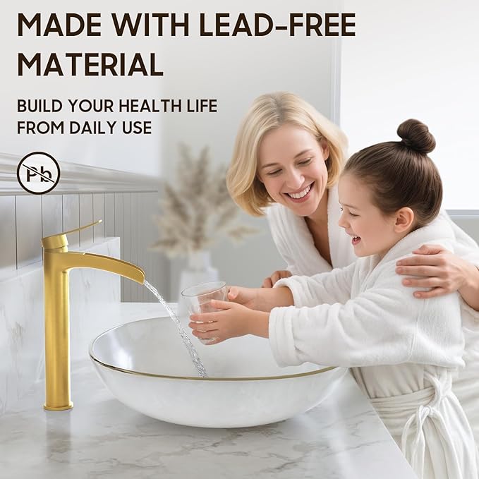 Phiestina Brushed Gold Tall Bathroom Vessel Sink Faucet, Single Hole Single Handle Waterfall Modern Bathroom Faucet, with Pop Up Drain and Water Supply Line, NS-SF01-BG-V