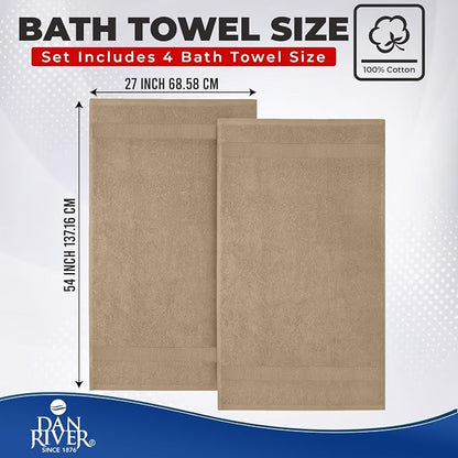 DAN RIVER 600 GSM Cotton Large Bath Towels Set of 4, 27 x 54 Inches, Tan | Larger & Lighter Weight Towels for Bathroom - Highly Absorbent & Quick Dry 100% Cotton Bath Towel Set for Home, Spa & Hotel