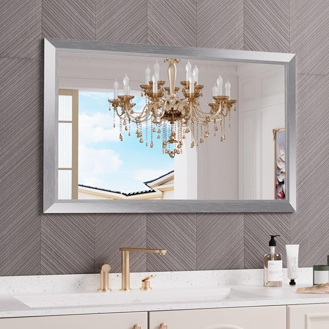 Bathroom Mirror for Wall, 48x30 Inch (Brushed Silver) | HD Reflection, Tempered Glass, Thick Metal Framed Rectangle Mirrors for Over Sink, Bedroom, Living Room, Entryway, Anti-Rust