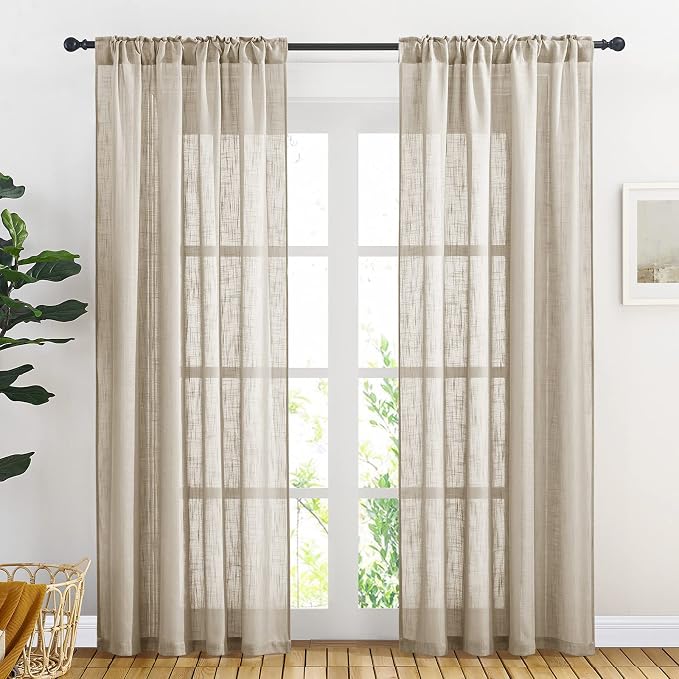 NICETOWN Sheer Curtains 84 inches Long, Linen Textured Rod Pocket & Back Tab Privacy Sheer Drapes with Light Through for Sliding Glass Door & Living Room Taupe, 52" Wide Per Panel, 1 Pair