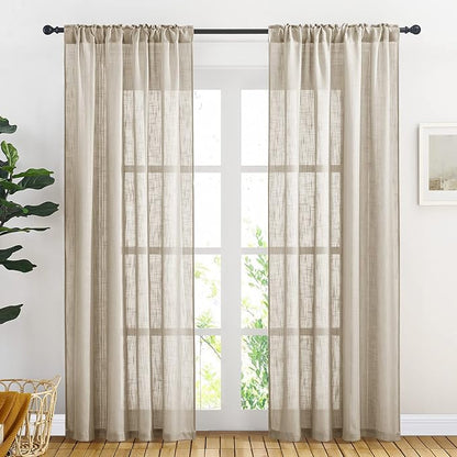 NICETOWN Sheer Curtains 84 inches Long, Linen Textured Rod Pocket & Back Tab Privacy Sheer Drapes with Light Through for Sliding Glass Door & Living Room Taupe, 52" Wide Per Panel, 1 Pair