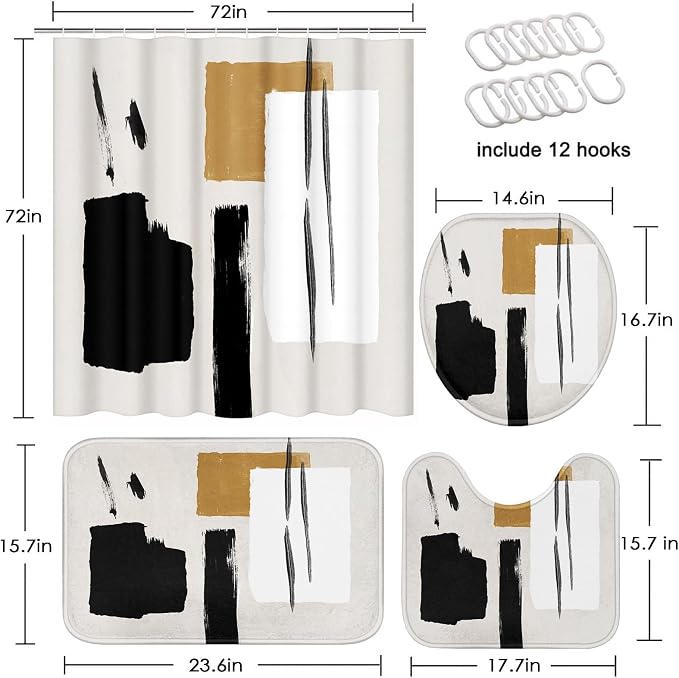 Bathroom Sets with Shower Curtain and Rugs, Boho 4 Pcs, Geometric | Minimalist Modern Abstract Art Bathroom Decor Set with Toilet Lid Cover, Non-Slip Bath Mats and Accessories 12 Hooks