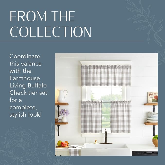 Farmhouse Living Buffalo Check Window Valance, Gray/White - 60" W x 15" L