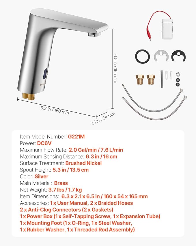 VEVOR Touchless Bathroom Sink Faucet, Automatic Motion Sensor Restroom Toilet Faucet, HandsFree Adjustable Cold Hot Single Handle Water Mixer Battery Operated for 9/16 in Pipe,Brushed Nickel Silver