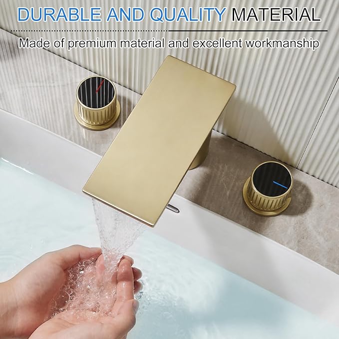 becola Brushed Gold Bathroom Faucet 3 Hole, 8 inch Widespread Bathroom Faucet with Top Storage, Waterfall Bathroom Faucet，2-Handle Modern Vanity Faucet with Adjust Knobs and Two Supply Lines