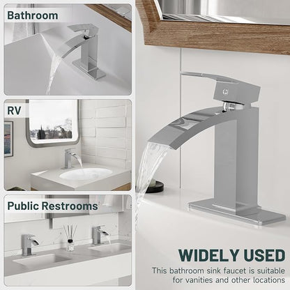 Chrome Waterfall Bathroom Faucet for 1 or 3 Holes, Brass | Single Handle Bathroom Sink Faucets for Lavatory Commercial Vanity, Basin Taps with Deck Plate, Pop Up Drain and Supply Line