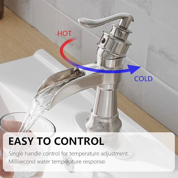 Brushed Nickel Bathroom Faucet Waterfall Single Hole Bathroom Sink Faucet | Brass Single Handle 1 Hole Farmhouse Faucets Lavatory Vanity with Overflow Pop Up Drain Parts by BATHLAVISH