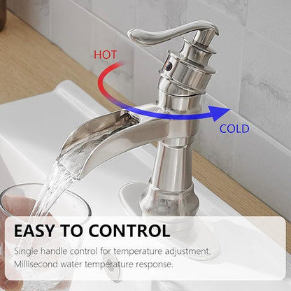 Brushed Nickel Bathroom Faucet Waterfall Single Hole Bathroom Sink Faucet | Brass Single Handle 1 Hole Farmhouse Faucets Lavatory Vanity with Overflow Pop Up Drain Parts by BATHLAVISH