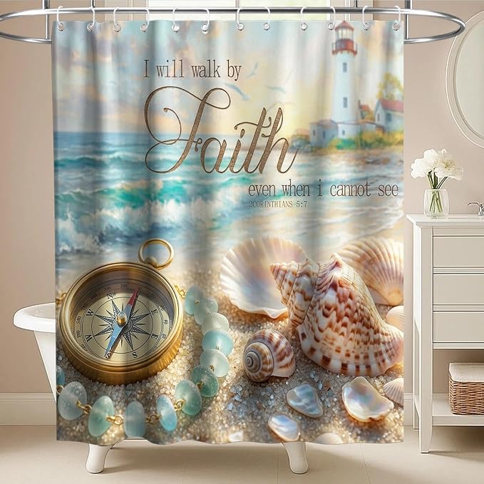 Luxury Beach Ocean Shower Curtain Modern Nautical Seashell Lighthouse | Nature Shower Curtains for Bathroom, Waterproof Bath Curtain with Hooks Machine Washable Bathtub Curtains 72x84 Inch Blue