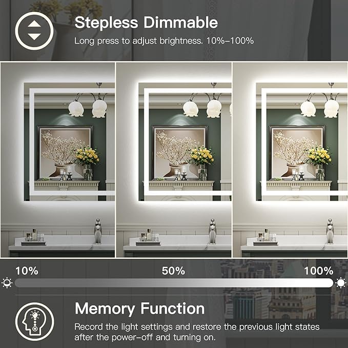 48x40 Inch LED Bathroom Mirror with Lights, Backlit & Front Lit, Anti-Fog Lighted Bathroom Vanity Mirror for Wall, Memory Function, Dimmable, HD Tempered Glass, Shatter-Proof