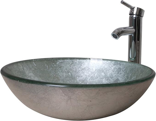 wonline Round Bathroom Foil Tempered Glass Vessel Sink With Faucet and Pop-up Drain Silver Green