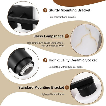 3-Light Bathroom Light Fixtures, Modern Vanity Lights, Black Metal Wall Lamp with Handcrafted Art Glass for Bathroom, Mirror, Living Room, Bedroom, Cabinet, Porch, Hallway, E26 Base