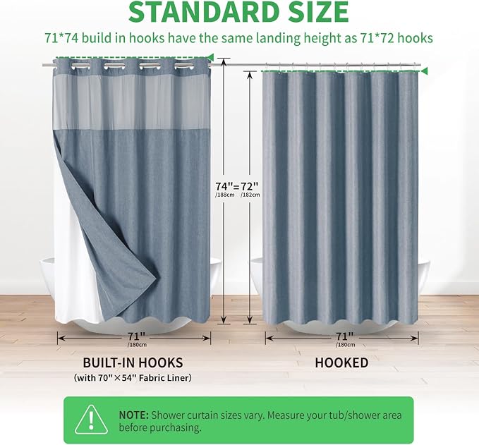 eachope No Hook Fabric Shower Curtain with Snap-in Liner,71x74 Blue Grey | Linen Texture,230GSM Thick Fabric,Hotel Luxury Decor,Mesh Window,Bottom magnetic ,Waterproof & Machine Washable,for Bathroom