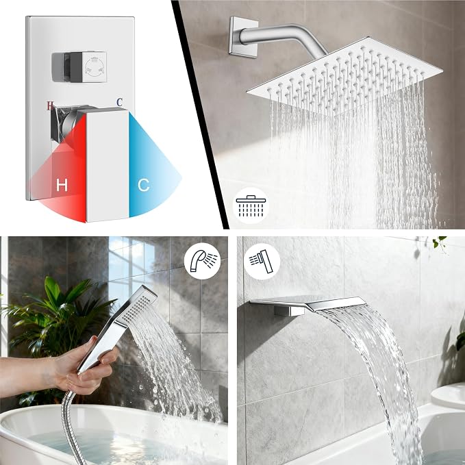 Midanya Shower System with Tub Spout,8 Inch Shower Head,Polish Chrome | with Valve & Trim Kit,Square Rain Head,Handheld Sprayer,Waterfall Spout,All Metal Wall Mount Bathroom Shower Tub Faucet Set