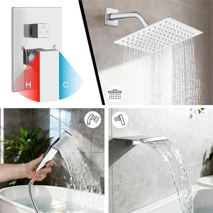 Midanya Shower System with Tub Spout,8 Inch Shower Head,Polish Chrome | with Valve & Trim Kit,Square Rain Head,Handheld Sprayer,Waterfall Spout,All Metal Wall Mount Bathroom Shower Tub Faucet Set