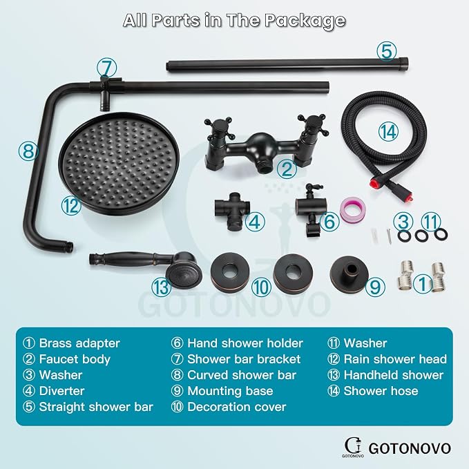 gotonovo Exposed Shower System Wall Mount,Oil Rubbed Bronze,Metal Handheld | 8” Rain Shower Head Faucet Set Fixtures,2 Function,Two Cross Handle,Height Adjustable,for 5-6.7" Hole,Indoor Victorian Retro