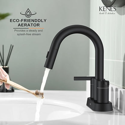 KENES Matte Black Centerset Bathroom Faucet with Pull Out Sprayer, 4 Inch 2 Handle Pull Down Bathroom Faucet 3 Hole, Bathroom Sink Faucet with Pop Up Drain & Supply Lines LJ-9069-2