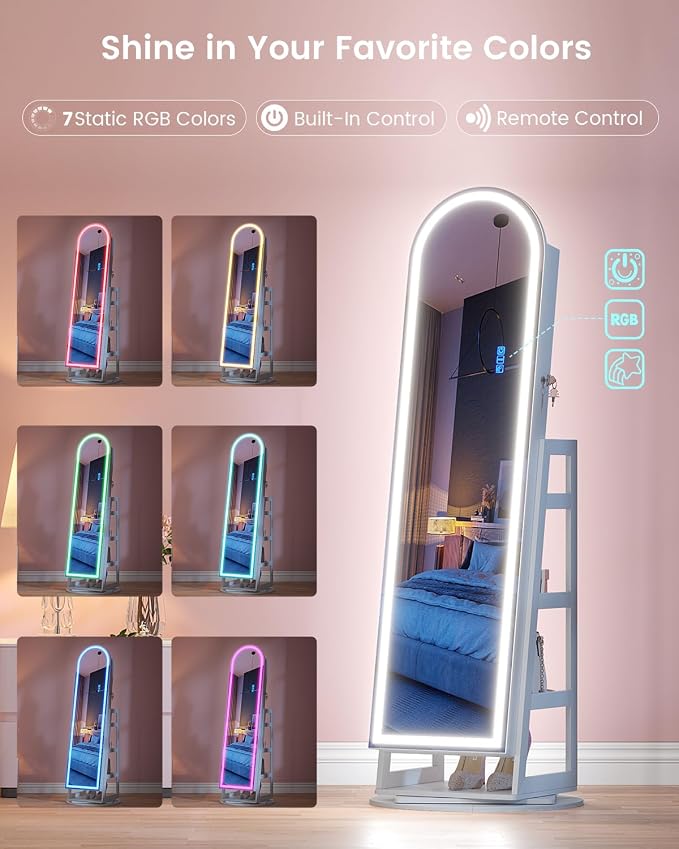 HWB Mirror Jewelry Cabinet Standing with RGB Lights & Storage Shelves | Mirror w/Storage, LED Full-length Mirror, Lockable Jewelry Armoire, 360° Swivel, Standing Jewelry Cabinet, Girls Women Gifts