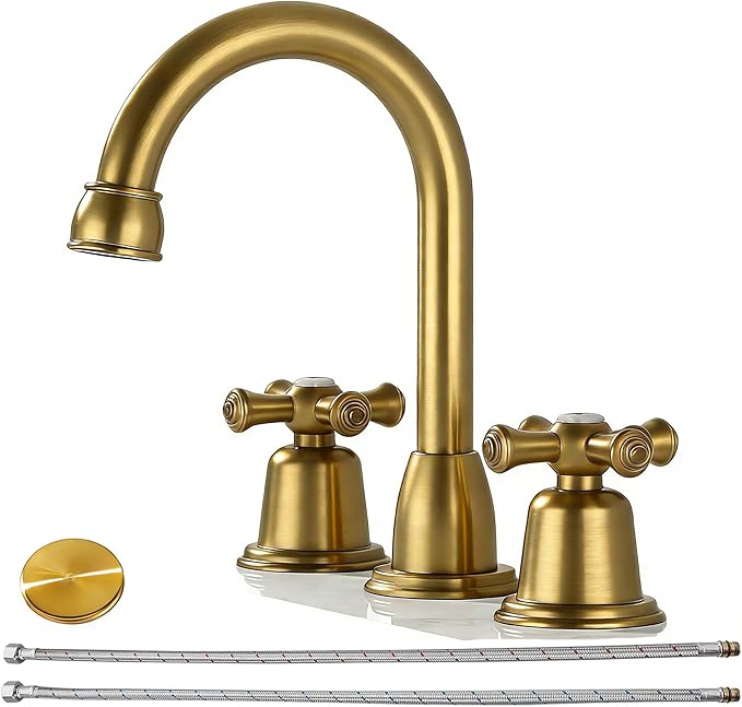 RKF Bathroom Faucets for Sink 3 Hole Gold 8 inch Widespread Bathroom Sink Faucet with Drain 2 Handles Cross Knobs Faucet Vanity Faucet Basin Mixer Tap with Hose & Deck CWF039-BG