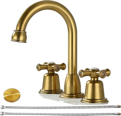 RKF Bathroom Faucets for Sink 3 Hole Gold 8 inch Widespread Bathroom Sink Faucet with Drain 2 Handles Cross Knobs Faucet Vanity Faucet Basin Mixer Tap with Hose & Deck CWF039-BG