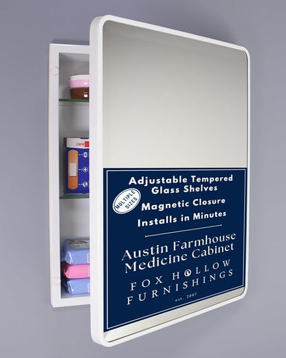 16x20 Austin Farmhouse Metal Framed Rounded Rectangle Recessed Bathroom Medicine Cabinet, Beveled Mirror, 14x18 in-Wall Opening, powder-coated Steel, Adjustable Glass Shelves, Magnet Close, White
