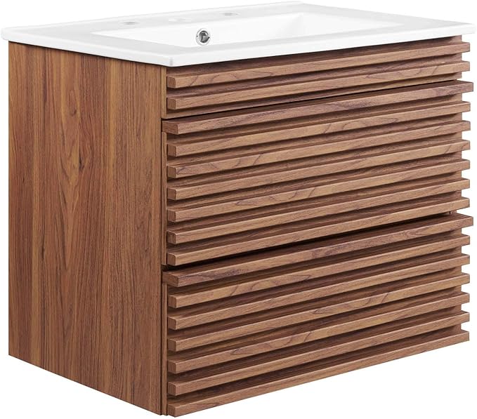 Modway Render 24" Wall-Mount Bathroom Vanity in Walnut White